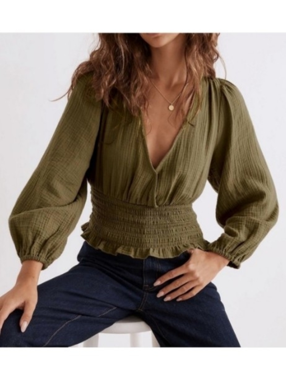 Madewell Women Green Lightspun Julianne Cottagecore Smocked Waist Top Size Small